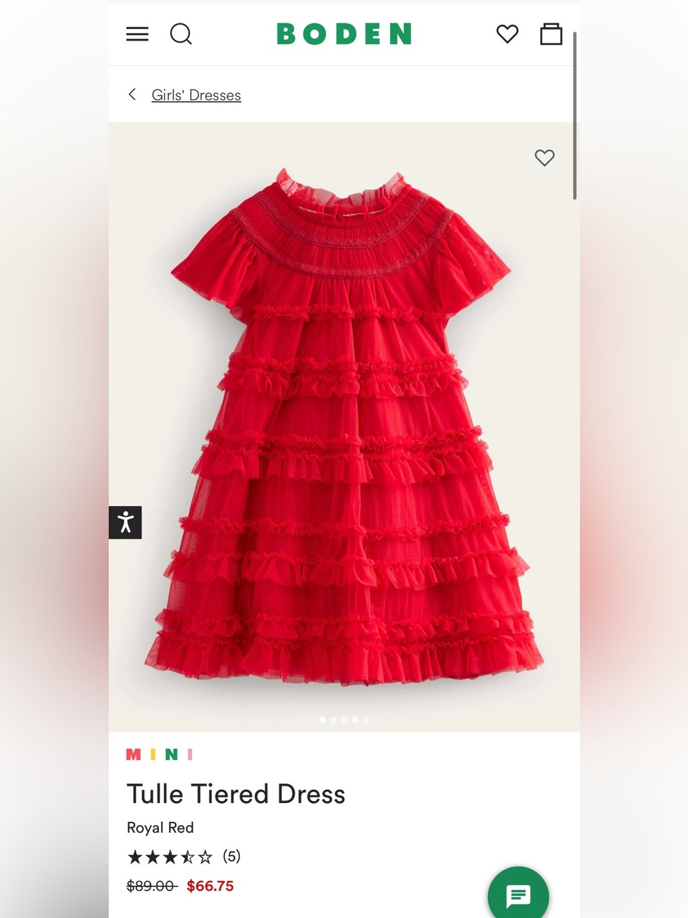 Boden Red Tiered Ruffle Tulle Dress
